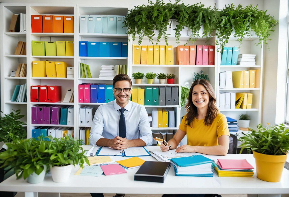 A bright and inviting office space filled with color-coded files, digital devices displaying organized documents, and a joyful person managing papers with a smile, surrounded by greenery symbolizing growth and efficiency. The scene exudes a feeling of harmony and productivity. super-realistic. vibrant colors. white background.
