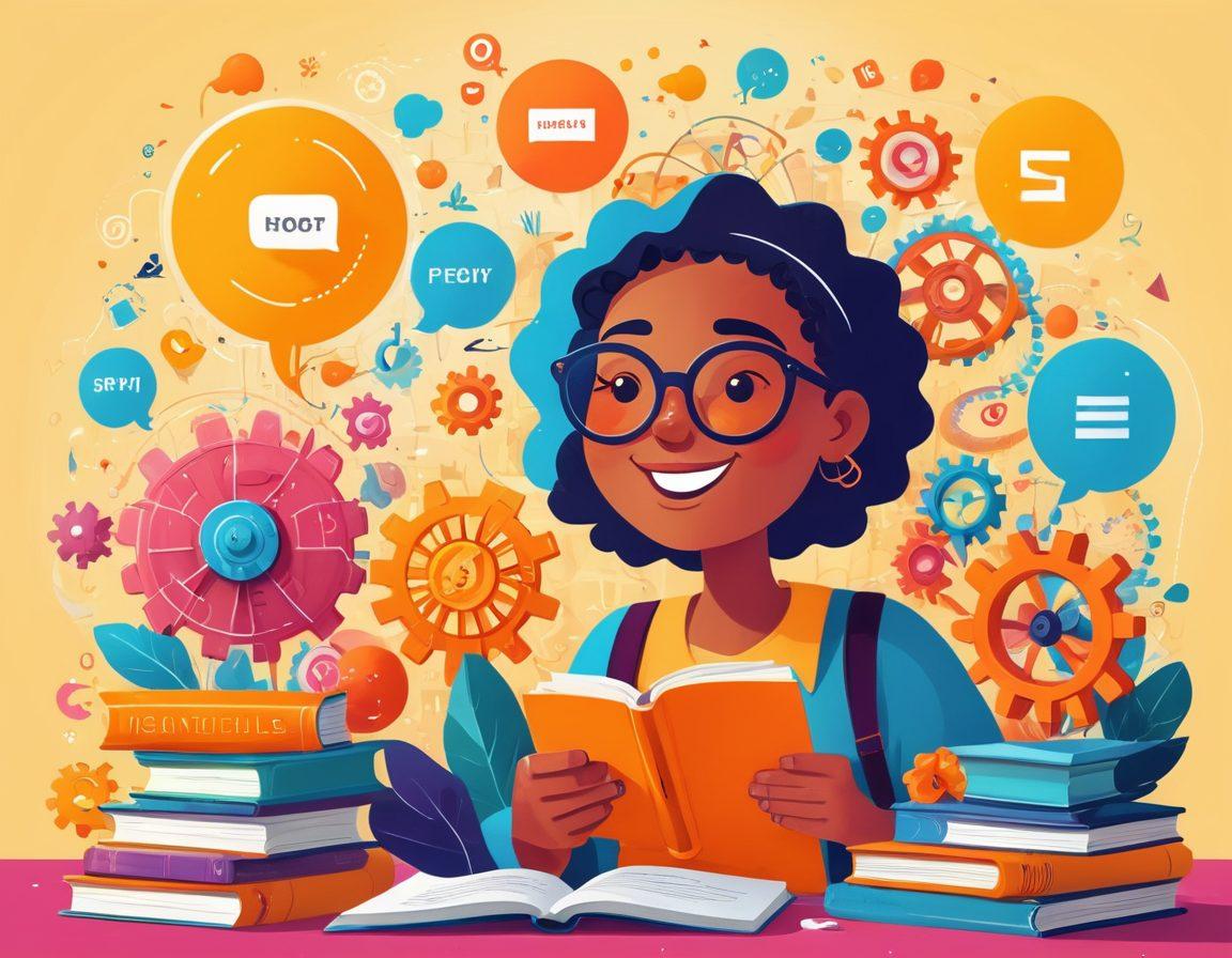 A vibrant and colorful scene depicting an abstract representation of natural language processing, with cheerful characters interacting with books and digital interfaces. Include whimsical gears and flowcharts to symbolize workflow efficiency, surrounded by playful speech bubbles filled with words. The backdrop should be a bright, sunny environment that radiates positivity and creativity. cartoon style. vibrant colors.