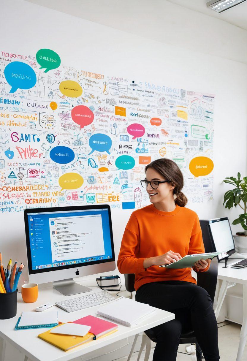 A vibrant, dynamic workspace showcasing a person joyfully interacting with a computer filled with colorful text and graphics. Display Natural Language Processing elements like speech bubbles and flowing data streams, symbolizing efficiency and creativity. Surround the scene with cheerful tools like notebooks and coffee, enhancing the feeling of productivity. Super-realistic. Vibrant colors. White background.